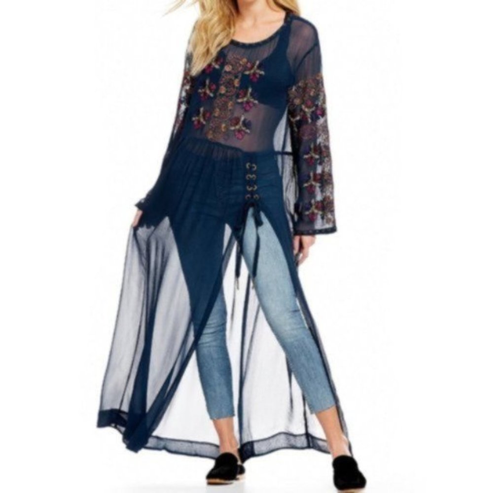 Embroidered Tunic Long Floral Top Ethnic Maxi Dress Embellished Gold Discs